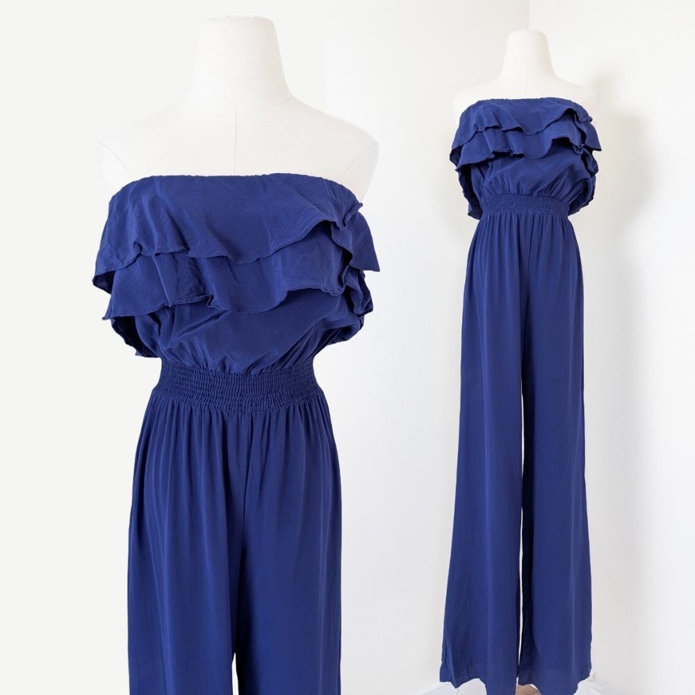 Jay Godfrey Silk Navy Jumpsuit Strapless Sleeveless Wide Leg Navy Long Onepiece